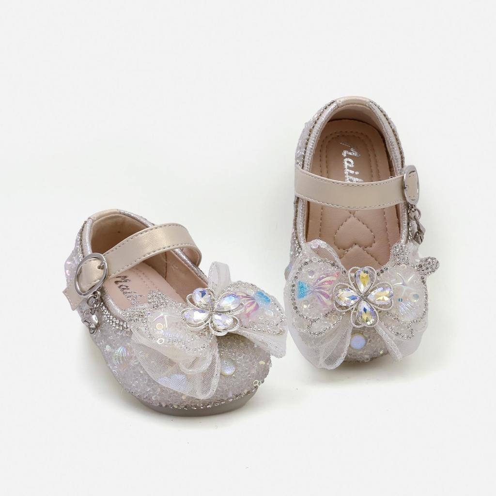 Spring 2026 Korean Style Baby Crystal Bowknot Soft Sole Flats