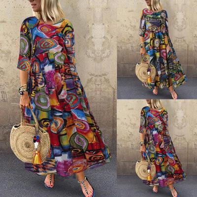 Plus Size Summer Bohemian Dress Women Autumn Vintage Pleated Printed Long Maxi Cotton Linen Dresses