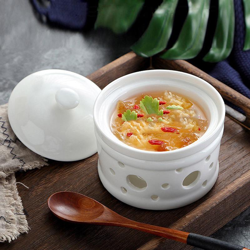 Hollowed-out Design Ceramic Stew Bowl  Heat Preservation Stew Bowl Candle Heater