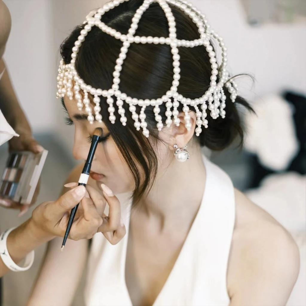Women Hat Pearls Hair Jewelry Bridal Modern Blingbling Tassels Pearls Hat for Bride Wedding Party Head Chain