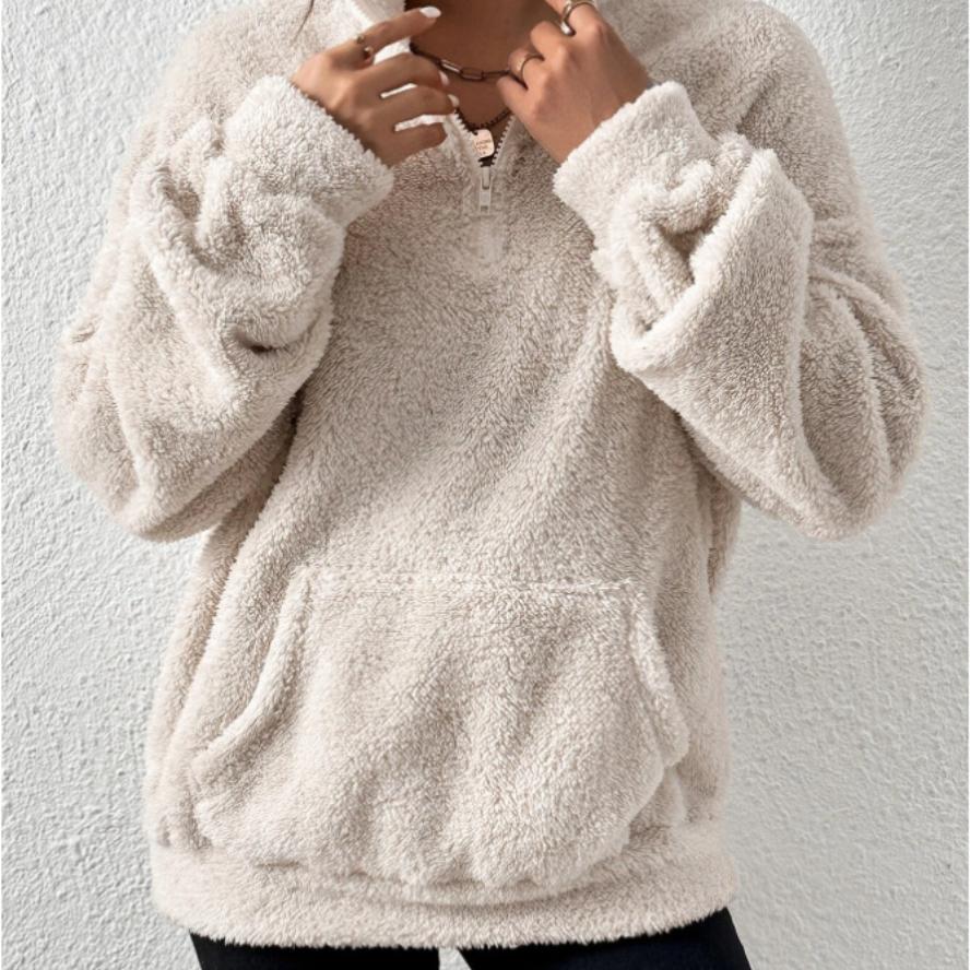 Autumn Winter New European and American Style Furry Fleece-Lined Women's Stand Collar Sweatshirt Casual