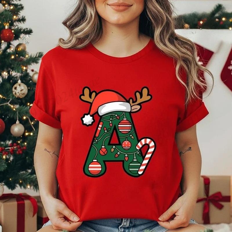 Festive Christmas Alphabet Letter Santa Hat Print Tshirt for Women Fashion T Shirt Streetwear Female Clothes Casual clothing
