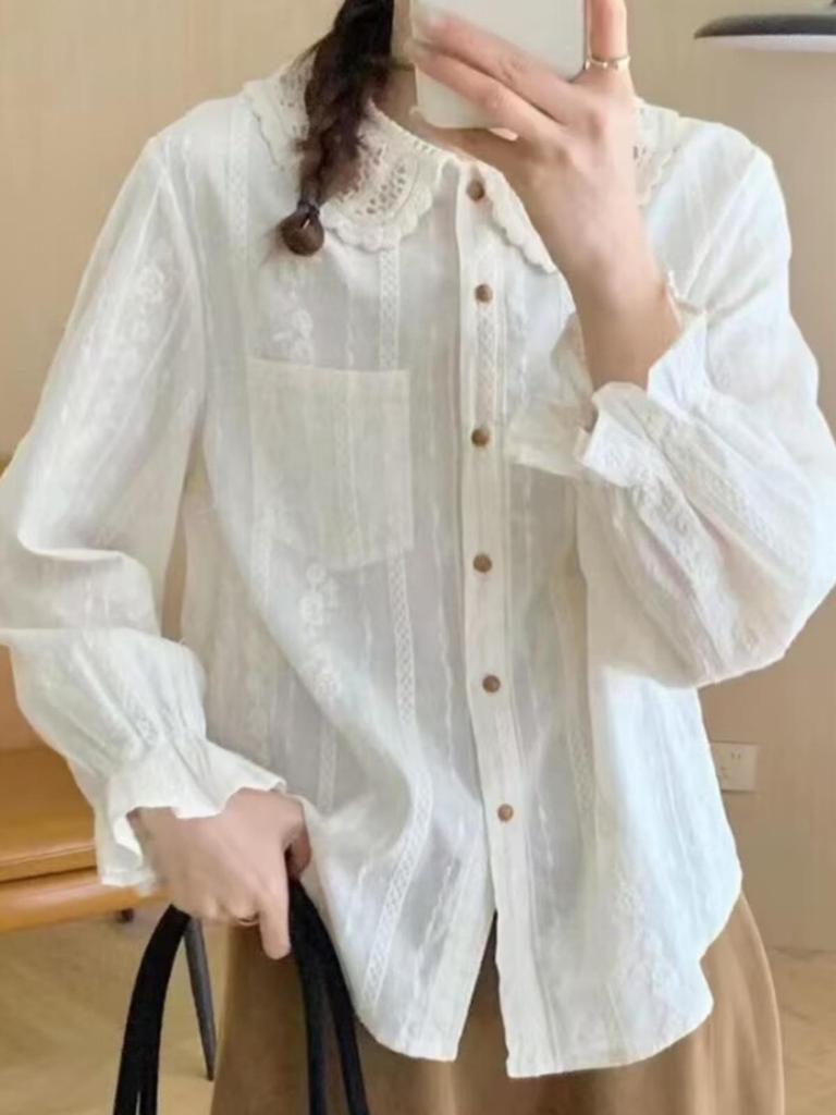 Women's Lace Peter Pan Collar Blouse - Spring 2025: Korean Style, Jacquard Embroidery, Long Sleeves, Loose Fit