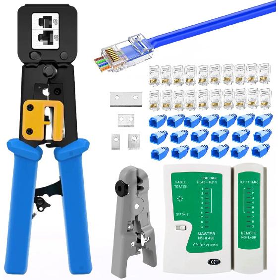 RJ45 Crimp Tool Kit Pass Through, Cat5 Cat5e Cat6 RJ45 Ethernet Crimping Tool with 20PCS Cat6 1.1mm Pass Through Connectors, 20PCS Covers, Cable