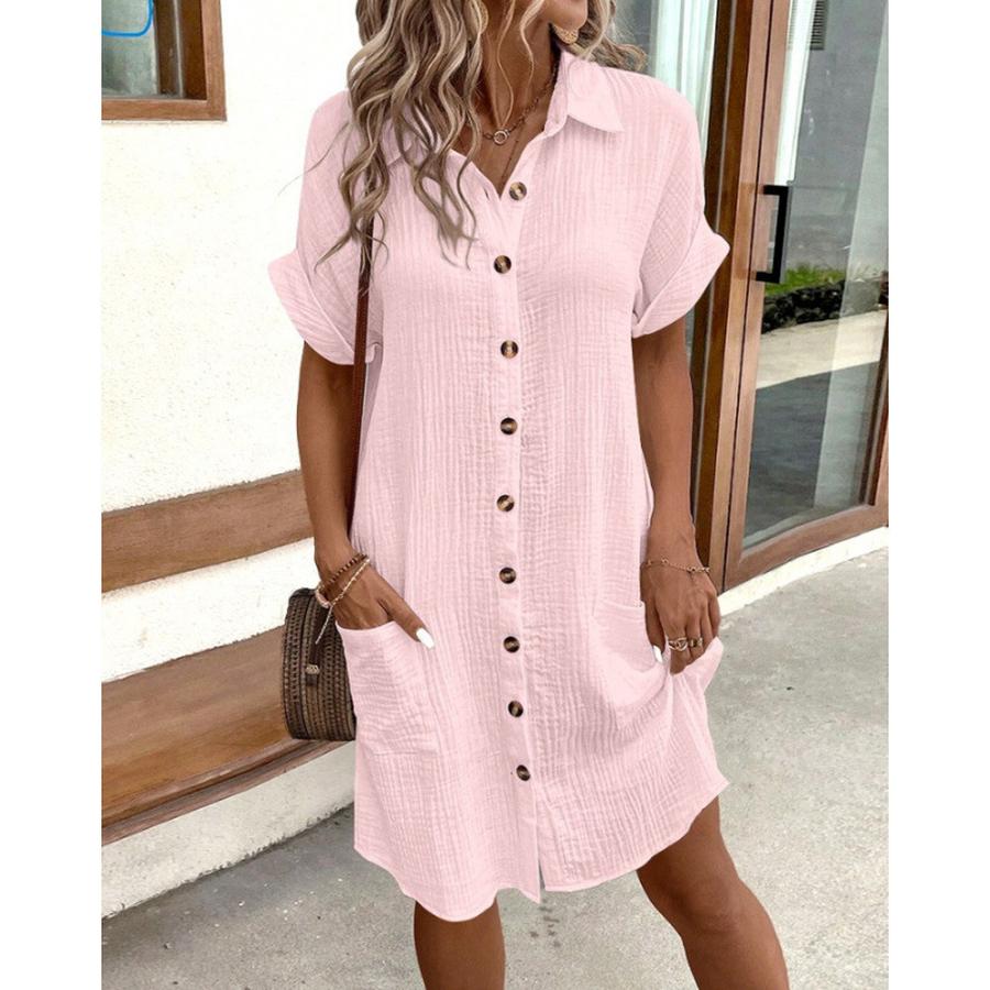 Casual Solid One-Button Mid-Length Loose Short Sleeve Dress for Women