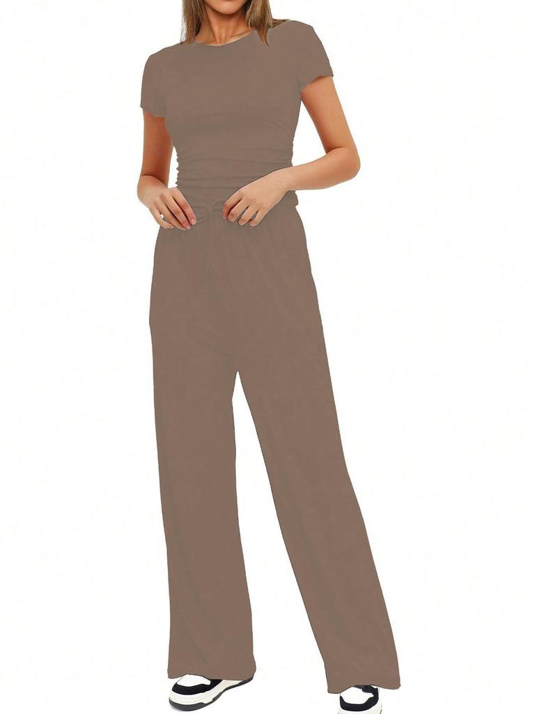 Lässiges Rüschenbesatz Einfarbig Kurzarm Top & Hochtaillierte Weitbein Hose Set