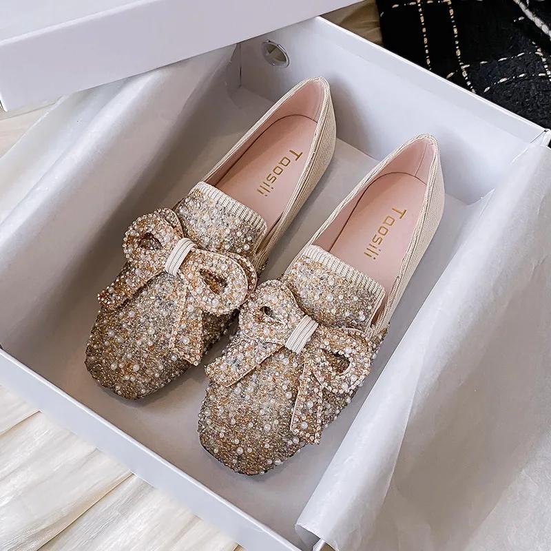 Fashion Flat Shoes for Women Autumn New Bow-knot Pearls Women Shoes Flats Retro Light Slip On Casual Loafers Zapatillas Mujer