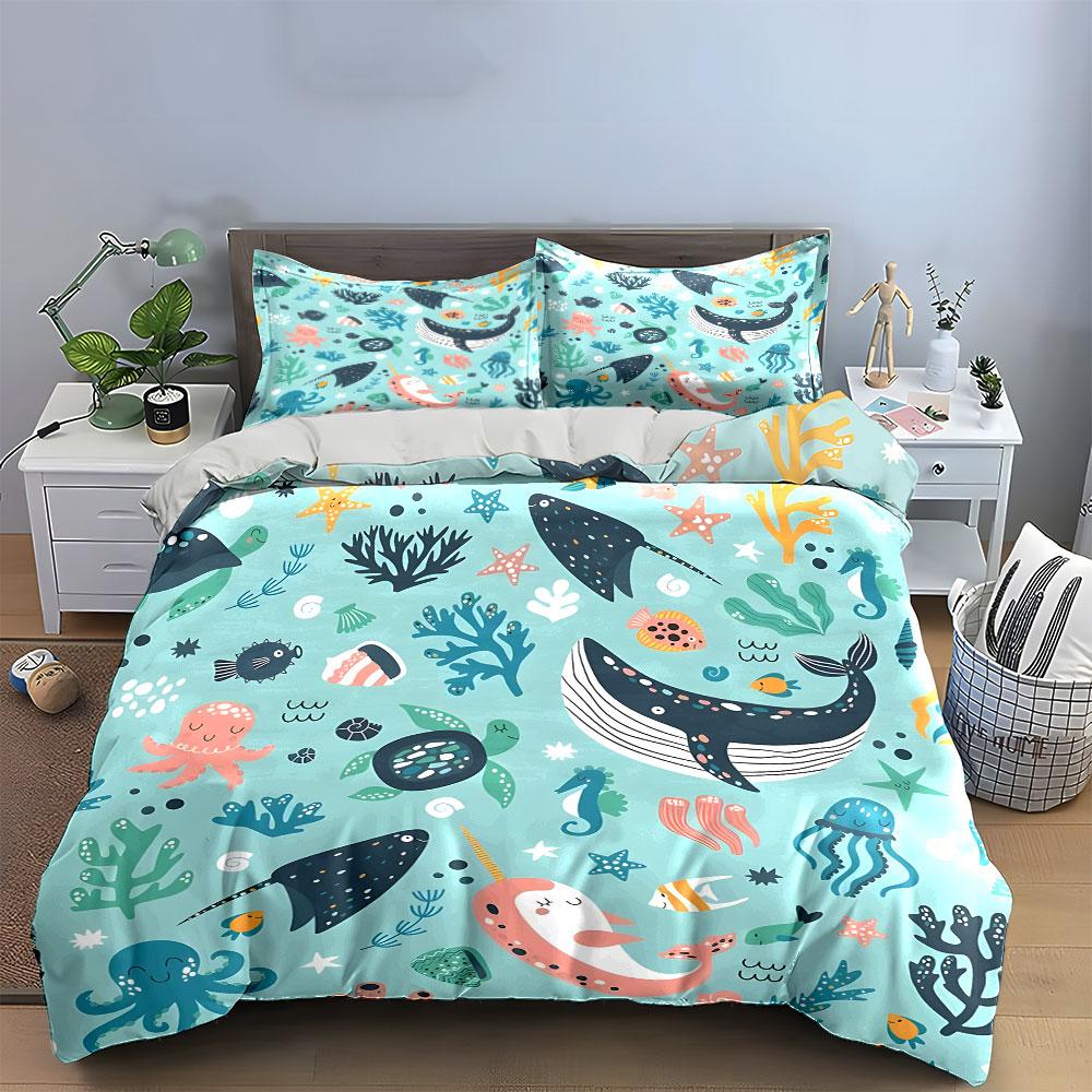 Set Biancheria da Letto a Tema Animali Marini Varie Misure Camera da Letto per Bambini e Adulti Raffinato Set da 3 Pezzi, Regalo