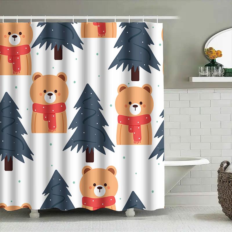 Christmas-Themed Shower Curtain With Bear Pine Tree Print For Bathroom Decoration Waterproof Fabric 180X245Cm Blue Editions