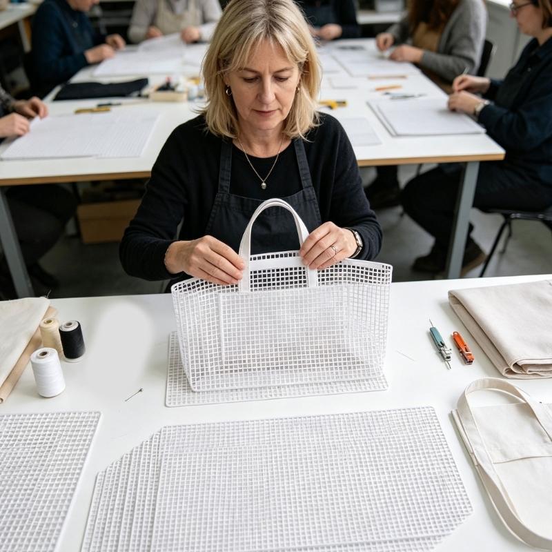 White Open-Grid Bag Plastic Mesh Sheets for DIY Handbag Projects, 10 Set Flexible Mesh and Canvas Piece Ready for Sewing and Embroidered, Crochet