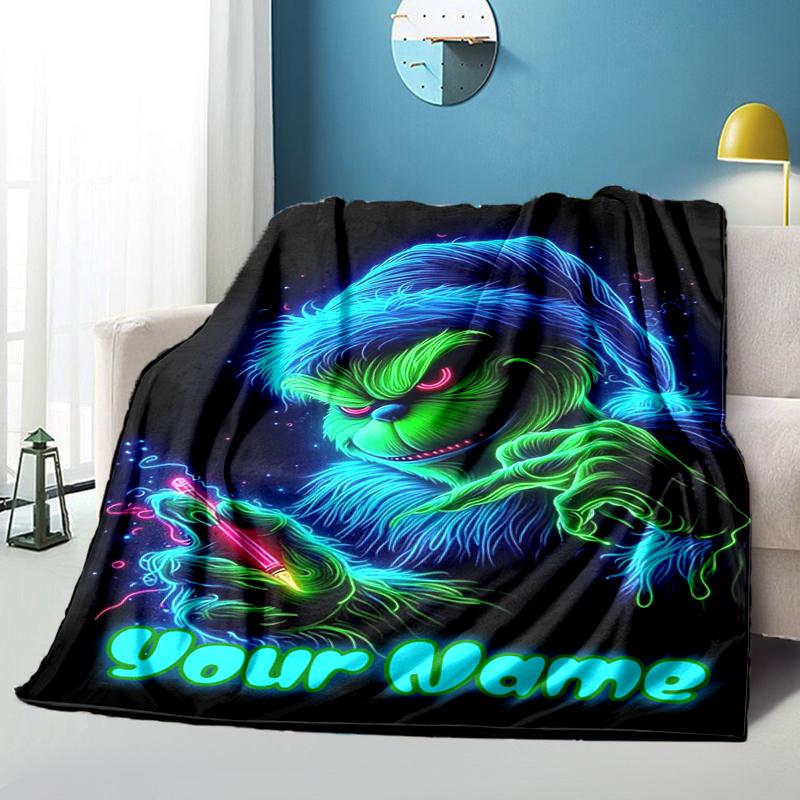 1PC Custom Name "Neon Grinch Night" Flannel Blanket Versatile,all-season Throw Suitable for the Living Room,bedroom,camping,travel,and Gift
