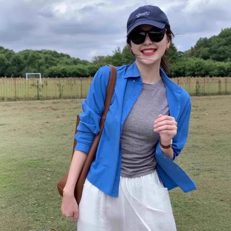 

French Niche All-match Short Shirt Women s Summer New Small Blue Long-sleeved Shirt Loose Sun Protection Top S синий