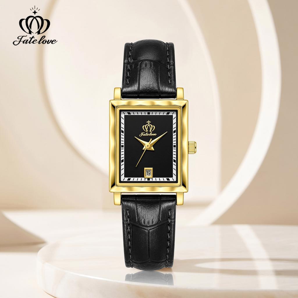 Fatelove 932 Women's Quartz Watches Fashion Retro Square Dial Leather Strap Auto Date Waterproof Elegant Ladies Dress Wristwatch