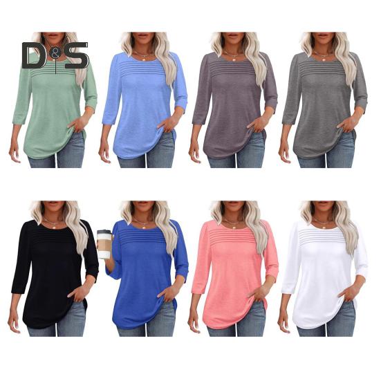 Damen-Oberteile, Rundhalsausschnitt, 3/4-Ärmel, plissierte Bluse, Frühling/Sommer, einfarbig, lockere Passform, lässiges T-Shirt für den Alltag