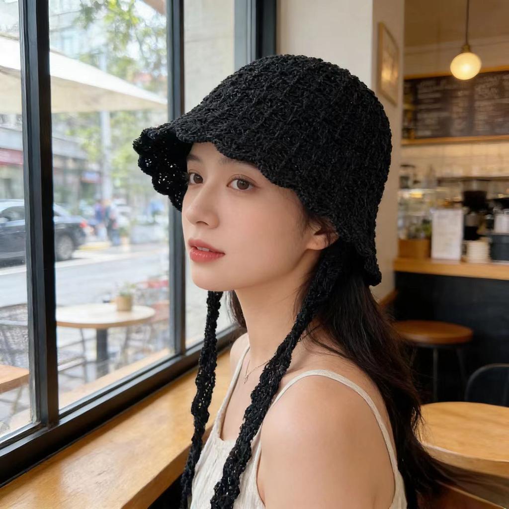 Early spring new hollow knitted bucket hat mesh thin sunshade sunscreen basin hat shows small face