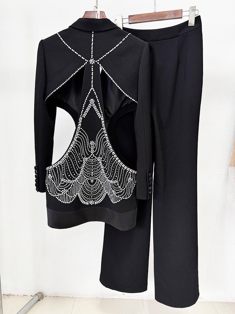 High Street Fashion 2026: Early Spring Hollow Out Hot Drilling Two-Piece Suit Set (Jacket & Trousers)