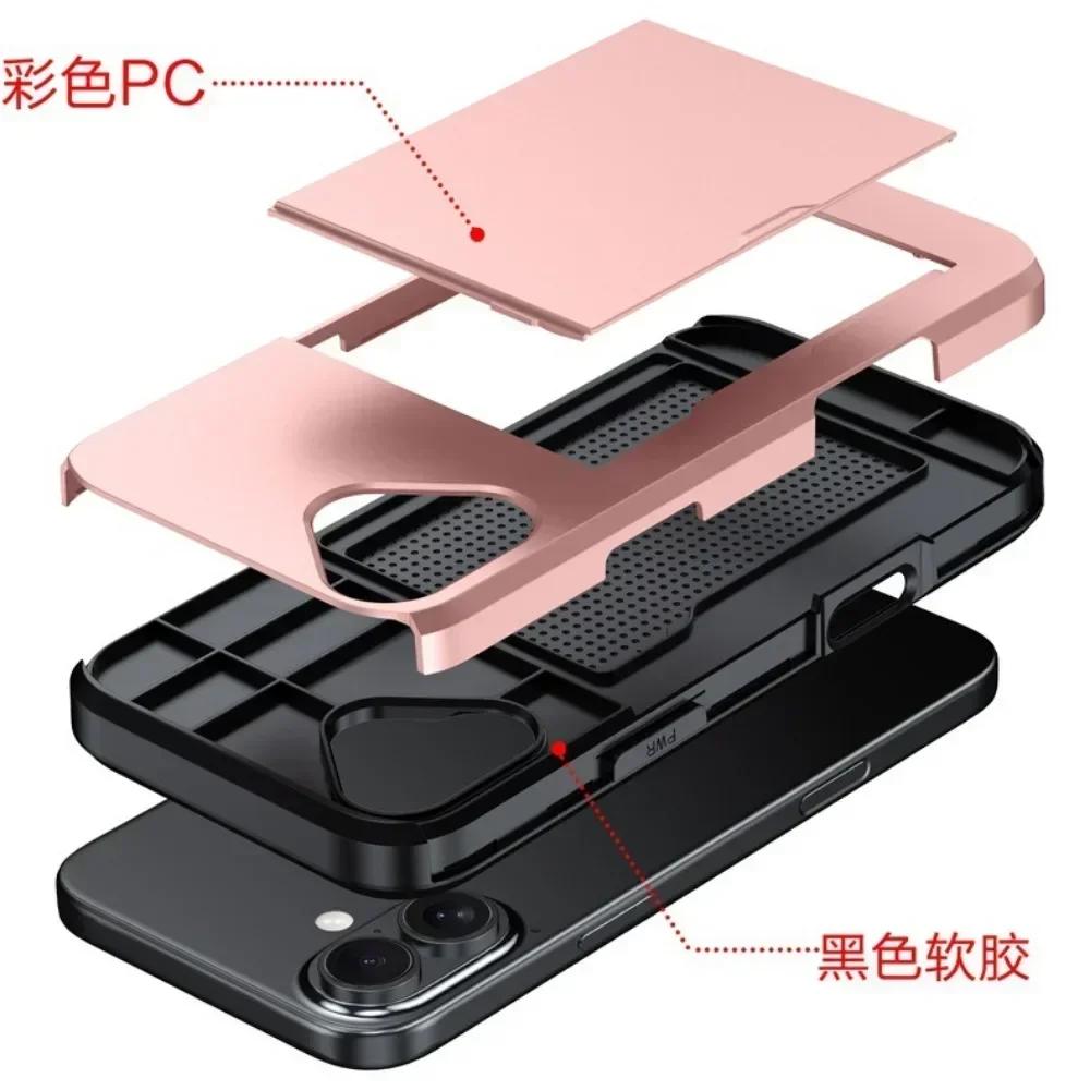 Phone Case For iPhone 16 SE 15 14 Plus 13 12 Pro Max Wallet Cover Credit Card Holder Slot Sliding Pocket Dual Layer Protective