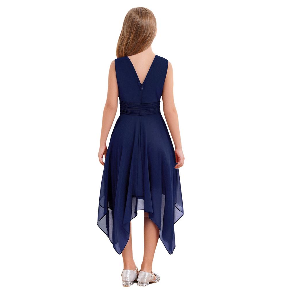 Fließendes einfarbiges Chiffonkleid für Mädchen V-Ausschnitt Ärmellos Asymmetrischer Saum Plissierte Taille Partyauftrittskleid