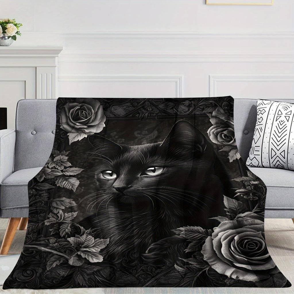 Black Cat Animal Pattern Print Art Blanket - Soft All-Season Multi-Purpose Throw for Sofa, Bed, Travel, Decor & Gift