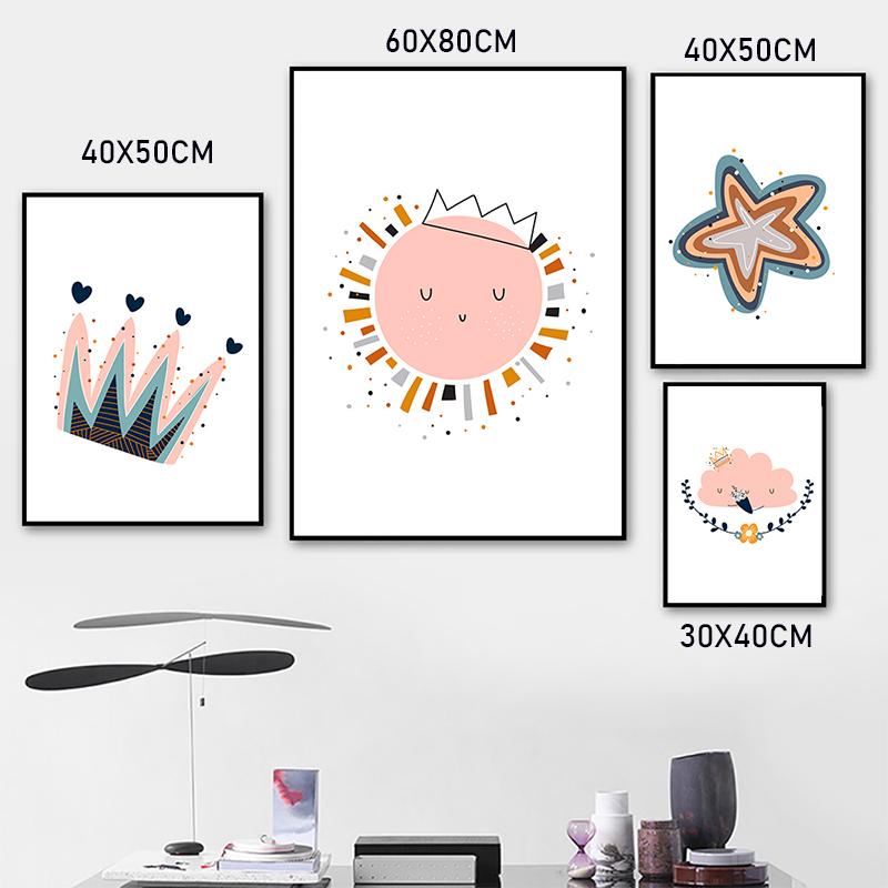 Nordische Poster und Drucke Sonne Wolke Regenbogen Stern Wandkunst Leinwandmalerei Cartoon Wandbilder Kinderzimmer Dekor Heimdekoration