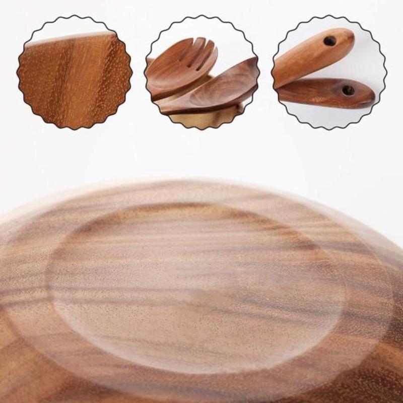 3Pcs/Set Salad Bowl Burr Free Easy To Clean Wooden Noodles Container with Spoon Fork Cutlery