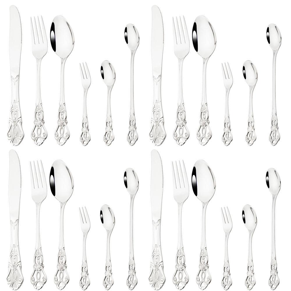 

4/24 шт. золотая роскошная столовая посуда из нержавеющей стали, столовые приборы, винтажный западный набор посуды, нож, кофейная ложка, вилка, набор столовых приборов серебряный