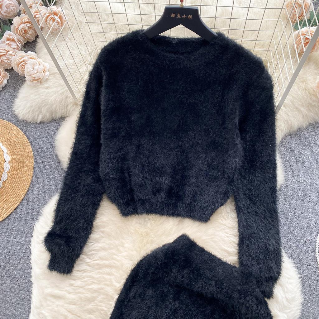 Autumn Women Sweet Mohair Knit Sweater Suit O Neck Long Sleeve Pullover Tops+High Waist Bodycon Pencil Skirt Lady Solid Two Piece Set