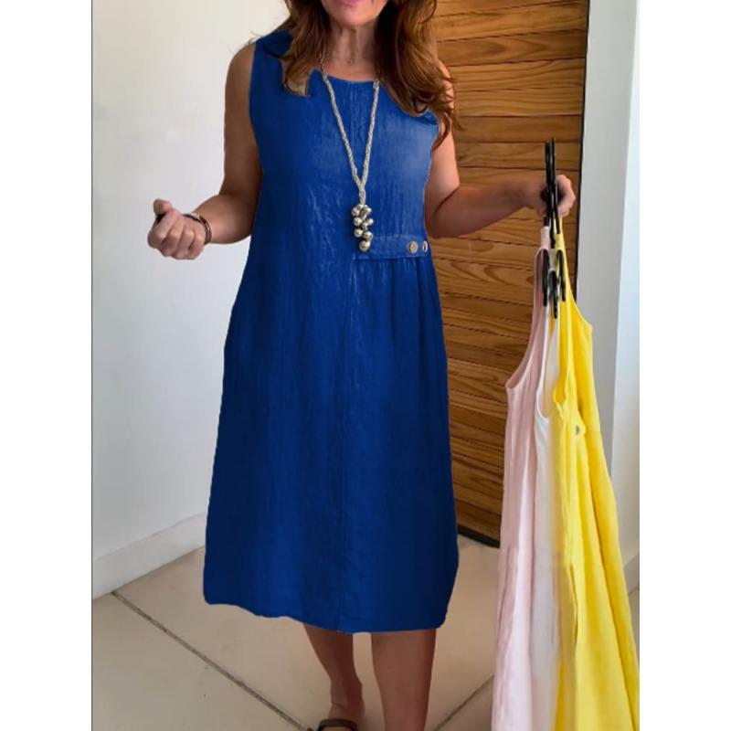 DAFIFY Moda feminina verão primavera cor sólida estampa sem mangas gola redonda cintura solta vestidos casuais