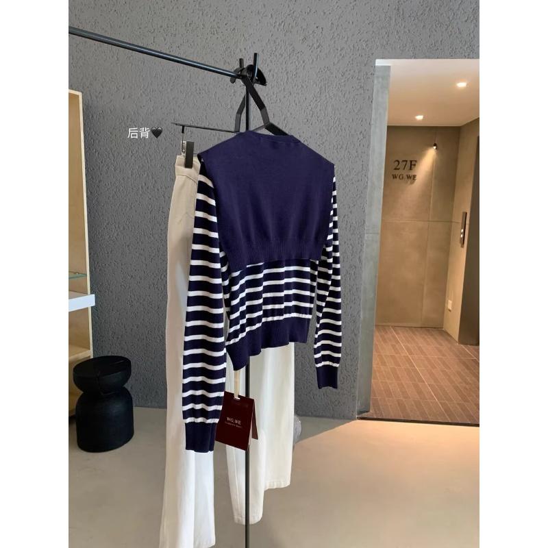Navy Collar Long-sleeved Knitted Sweater for Women, New Autumn and Winter Striped Sweater Coat, Casual and Versatile Short Top