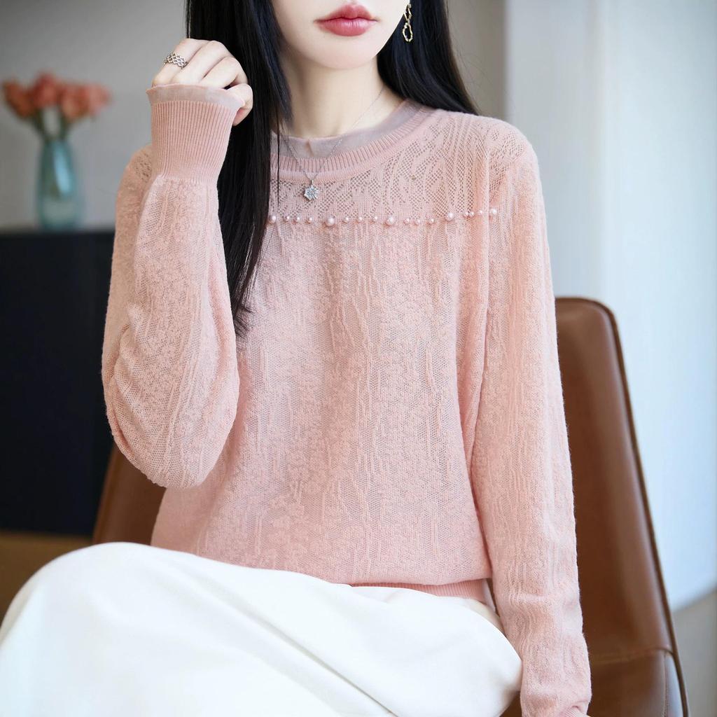 Lace Bead-Embellished Wool Sweater with Loose Comfortable Fit and Exquisite Lace Design for Fall/Winter Versatile Style