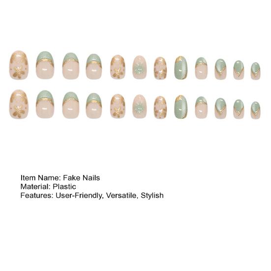 Green Cat Eyes Press On Nails Elegant 3D Gold Floral French Tips Oval False Nails with Jelly Glue Acrylic Press On Nails Kit for Women