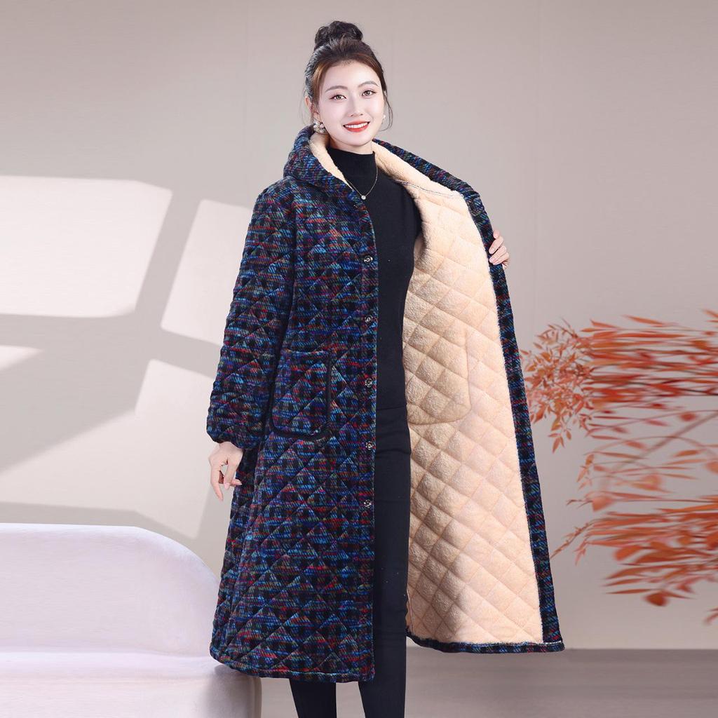 Women's Extra Long Flannel Hooded Jacket with Thick Fleece Padding for Winter Work and Home Wear