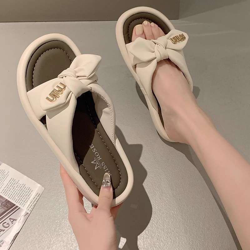 Bow popular slippers women's summer wear 2025 new soft-soled non-slip pregnant women sandals go out one-word shoes women