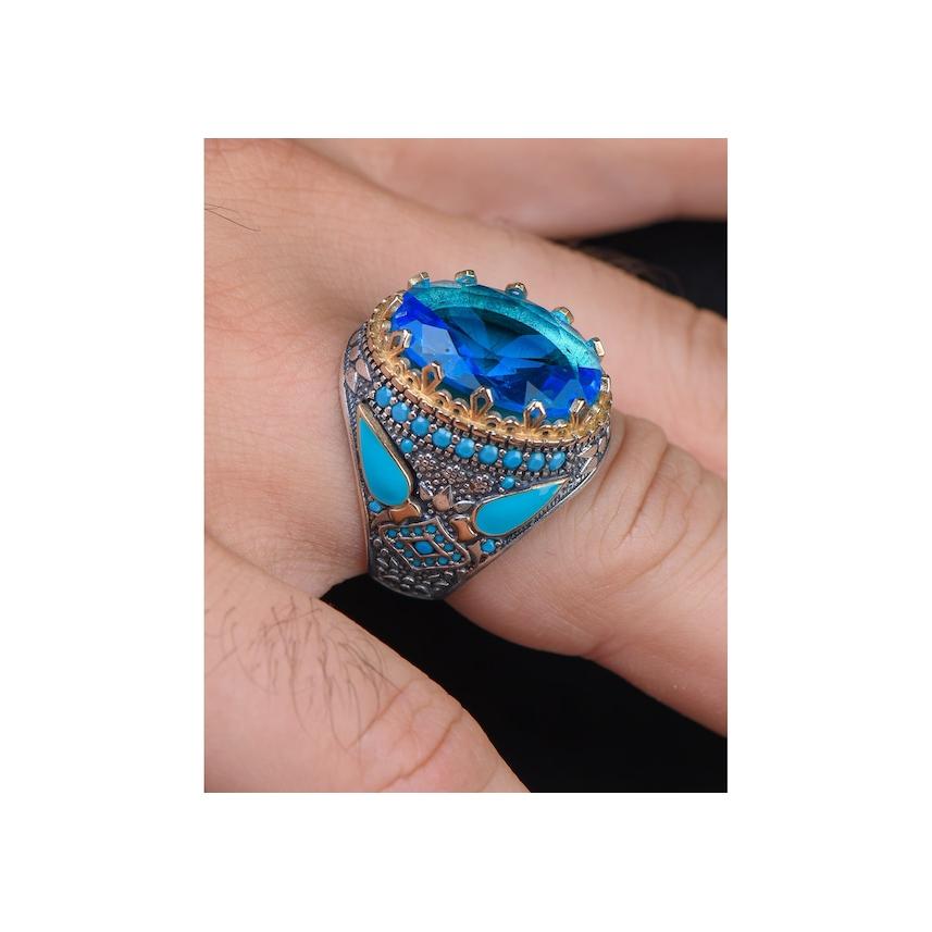 

Мужское кольцо из стерлингового серебра Aqua Marine Stone с бирюзовым камнем, украшенным (508653734)