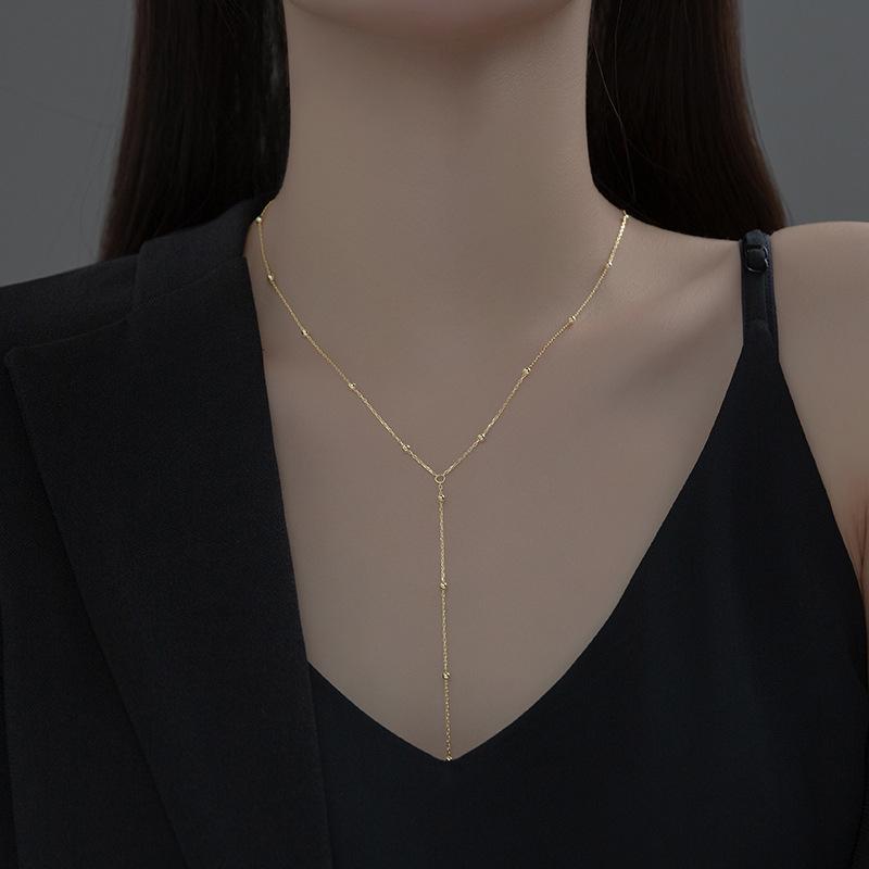 S925 Silver Temperament Necklace Female Korean Version Sweet Small Fresh Light Bead Y Word Tassel Clavicle Chain Necklace