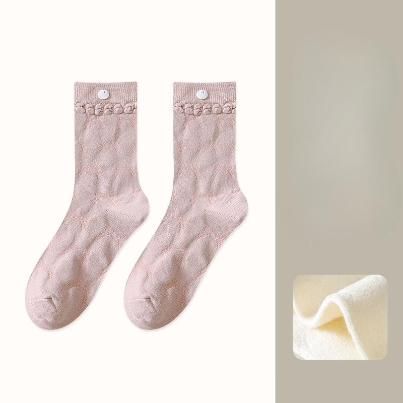 Fine Cashmere Mid-calf Socks for Women, Three-dimensional Dark Flower Bow, Warm Autumn and Winter Girls, Mother-of-pearl Boneless Pile Socks