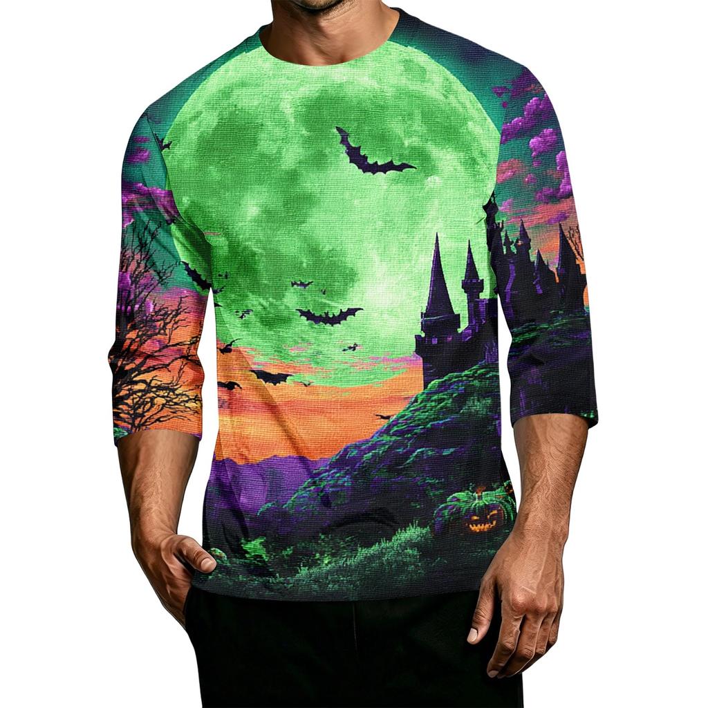 Men's Casual Halloween Print Crew Neck 3/4 Sleeve T-Shirt Lightweight Breathable Fabric Comfortable Fit