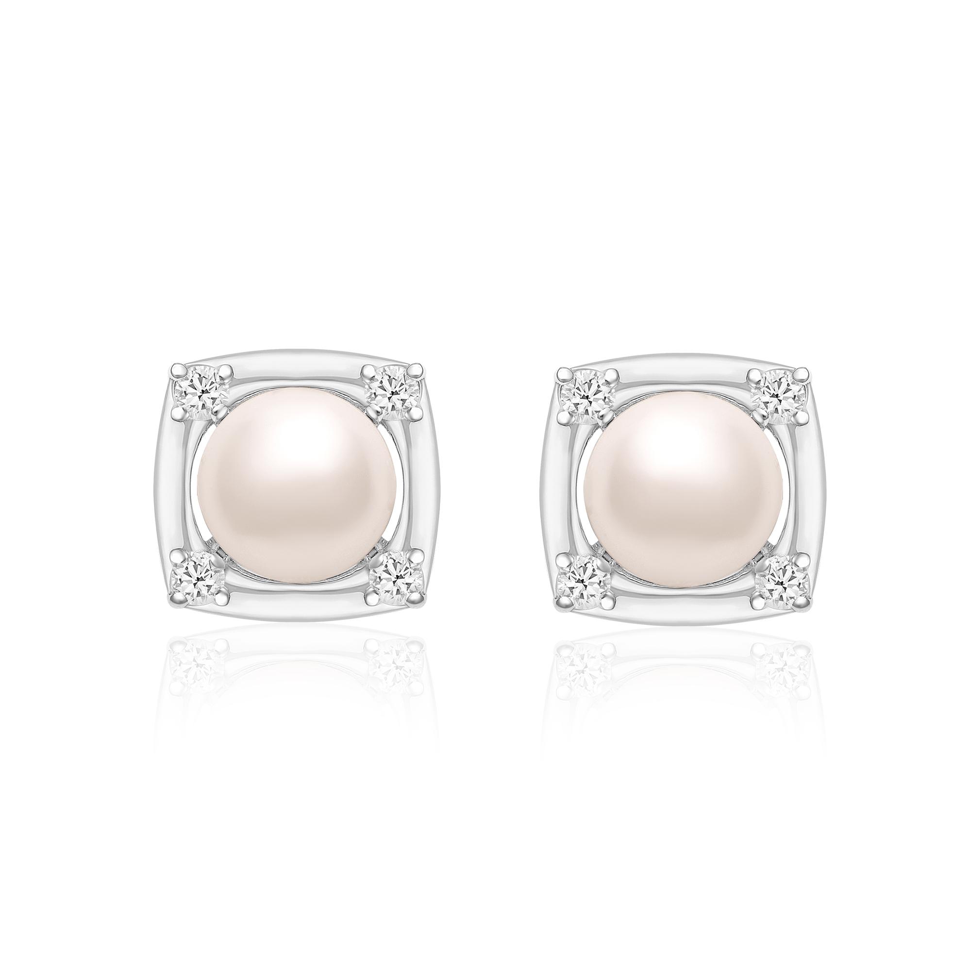 Женская сережка-гвоздик квадратной формы с жемчугом - стерлинговое серебро 925 пробы