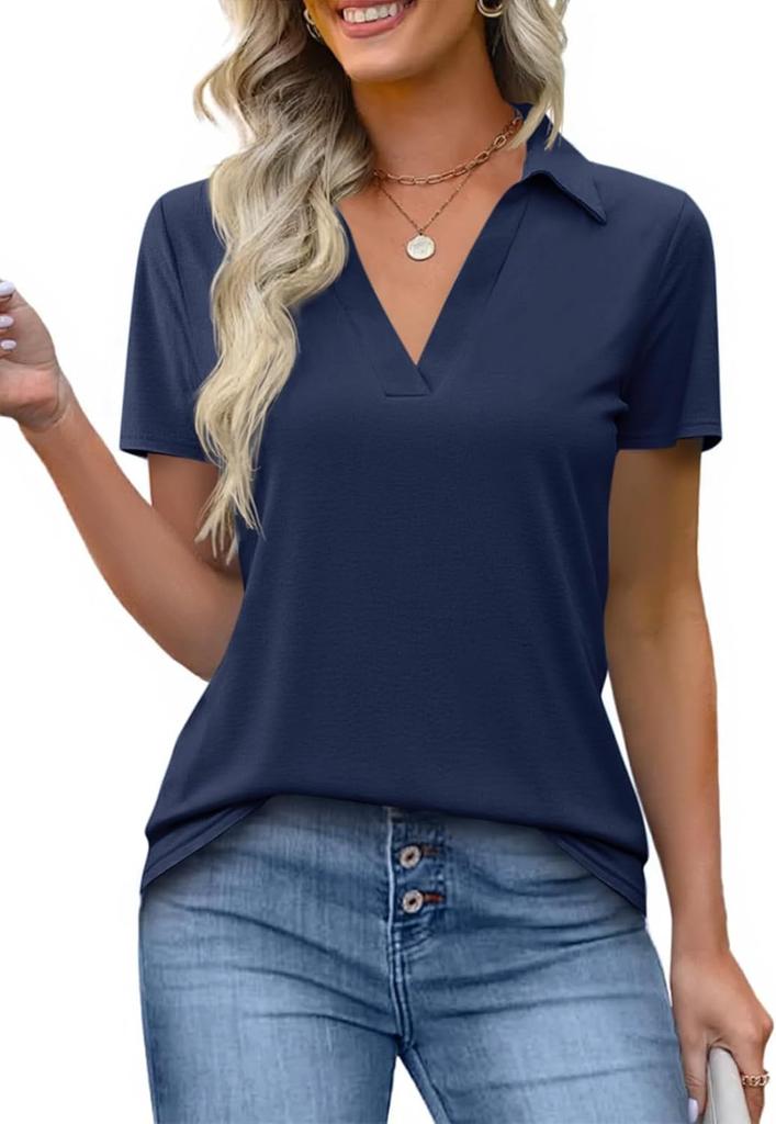 Womens V Neck Polo Shirt Short Sleeve Collared Casual Summer Top