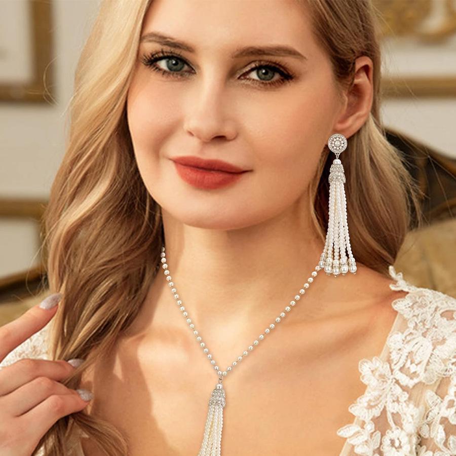

2024 Women s Fashion: Tassel Pearl Necklace & Long Earrings Set