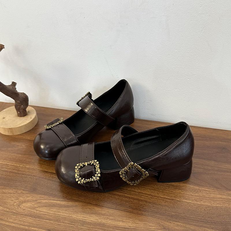 Fashion Round Toe Shallow Mouth Non-slip Wear-resistant Low-top Single Shoes Metal Buckle High Heels