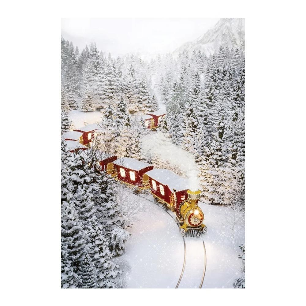 Peinture sur toile Forêt enneigée d'hiver nordique Locomotive à vapeur vintage Élan Renard roux Cabane Paysage Affiche d'art Décor de salon