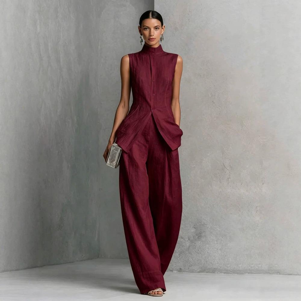 Europe, America, drape cotton and linen shirt solid color fashion temperament sleeveless trousers suit