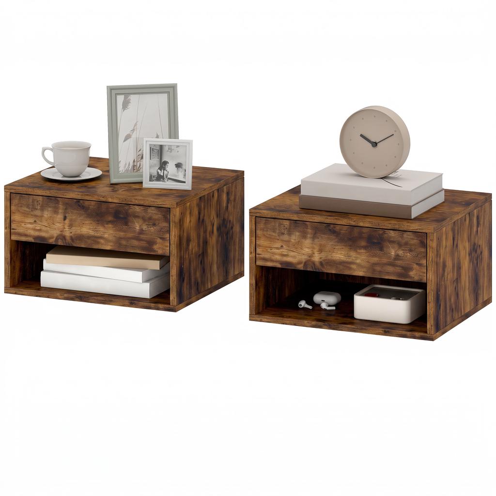 Set Of Two Floating Bedside Tables Rustic Brown