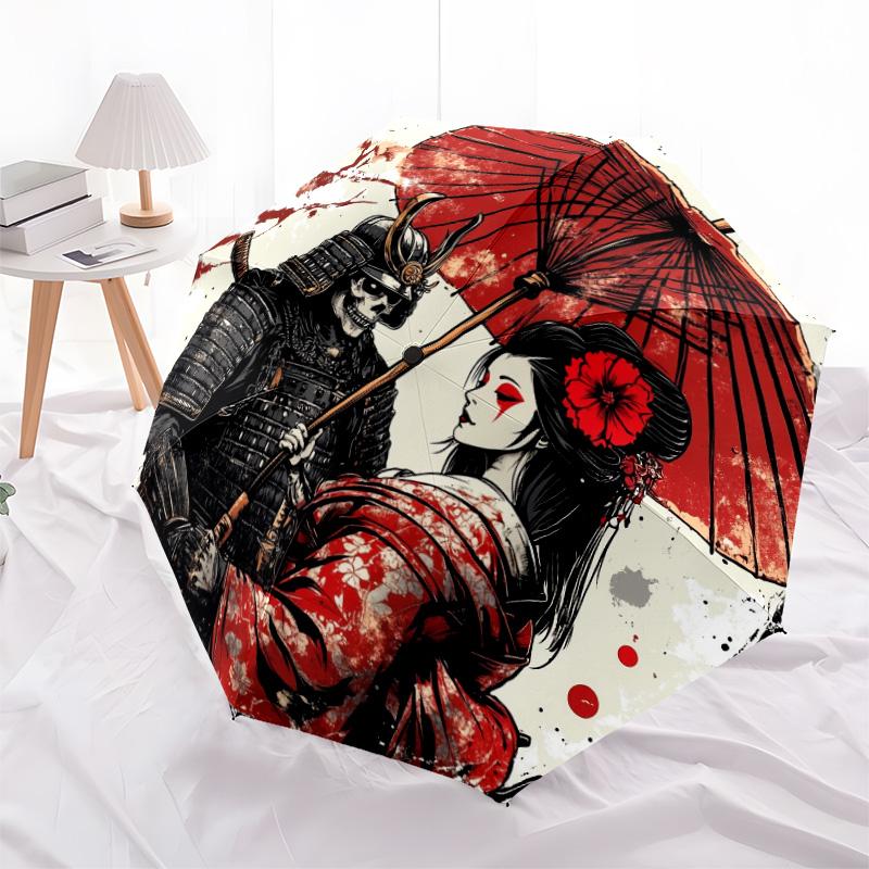 Beauty and Samurai  Pattern, Automatic Folding Umbrella, Portable and Foldable Design, 8 Ribs, a Christmas or Birthday Gift.