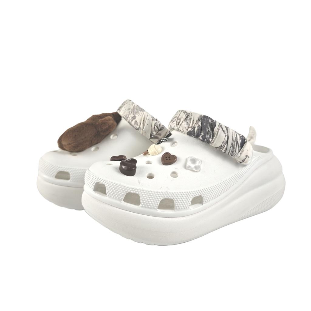 Crocs Crush Clog EVA Button Bear Fashion and Versatile Comfortable and Casual Puff Shoes Hole Shoes Unisex White