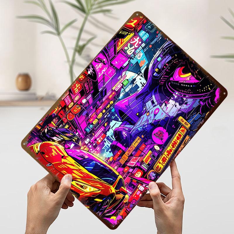 Cyberpunk Cityscape With S and Neon Car Poster Customized Vintage Metal Signs Wall Art Retro Tin Plaque for Fans House Decor