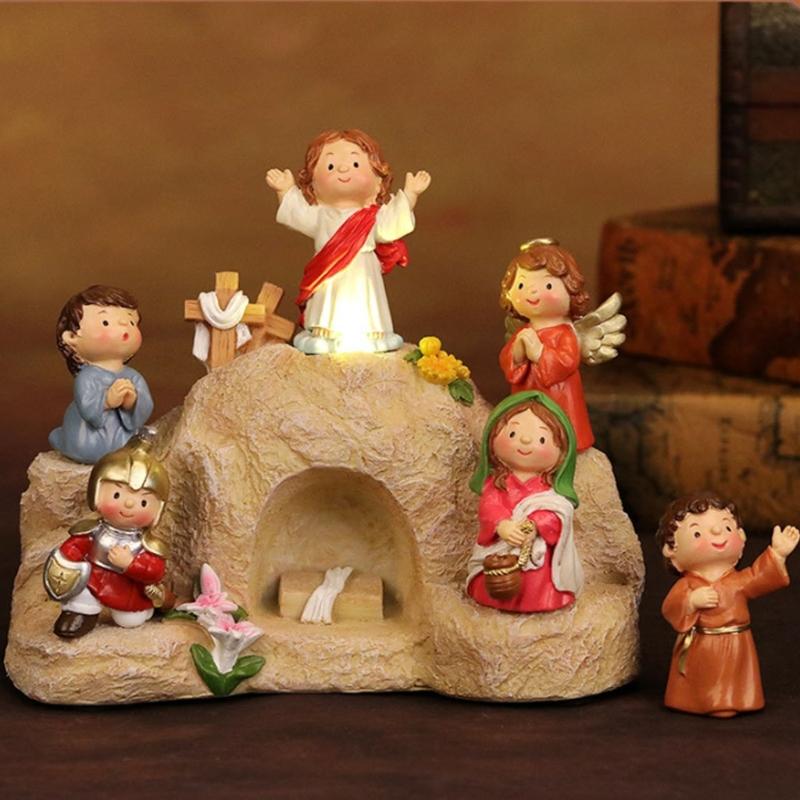 Miniature Christmas Resurrection Ornament with Resin Figures and LED light for Seasonal Home Decoration