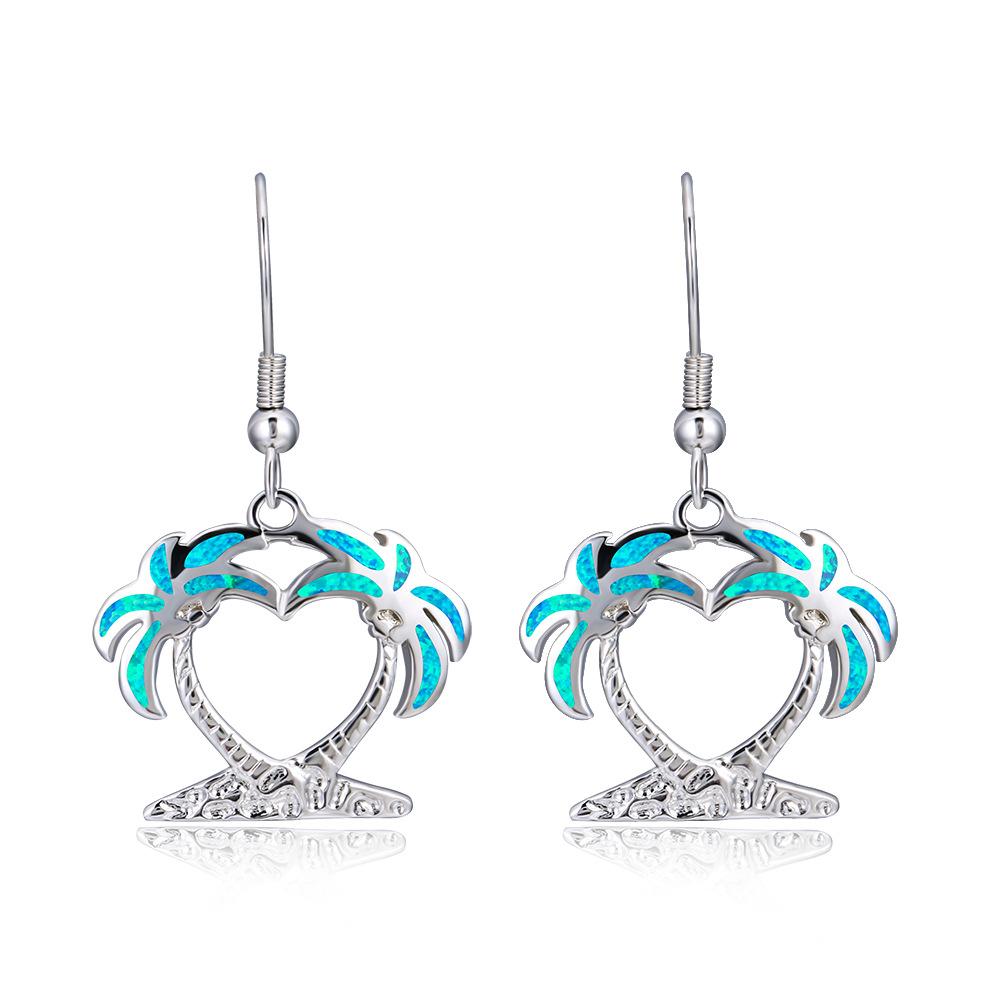 Two Blue Coconut Tree Earrings with Hollowed Out Hearts Temperament and Personality As A Personalized Accessory