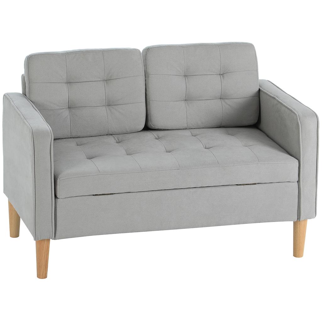 Two-Seater Sofa with Storage, Button Tufting, Cushion, Rubberwood, 117x62x78cm, Light Grey